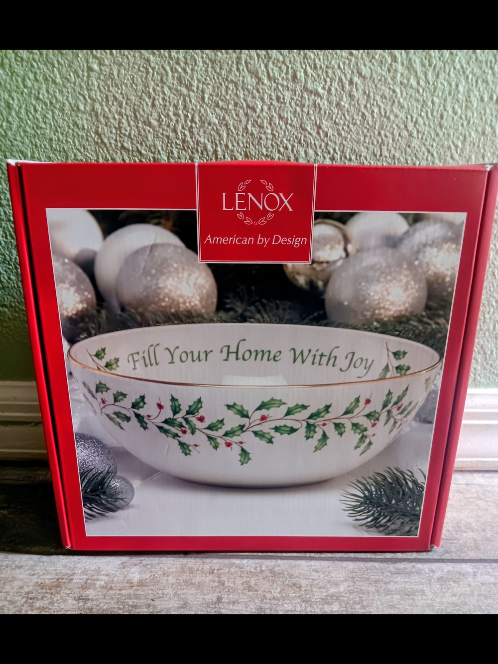 Lenox Holiday Serving Bowl in White with Green Holly and Red Berries